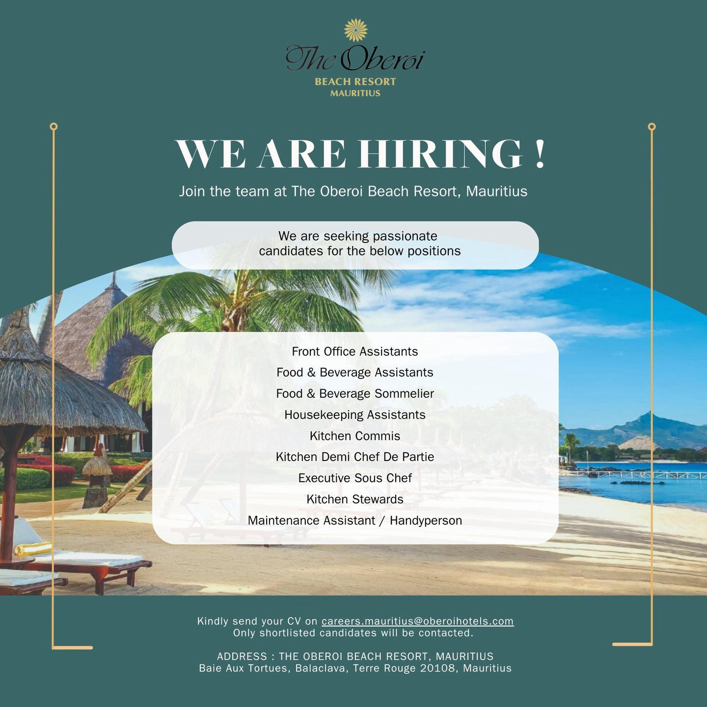 We are looking for passionate talents who want to work at a resort in the middle of paradise